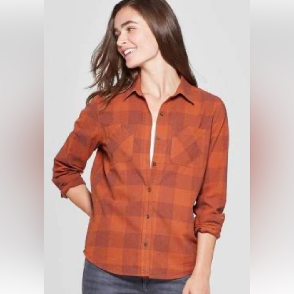 Universal Thread Cotton Rust Colored Plaid Shirt Sz XXL
